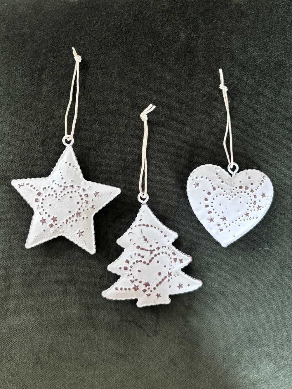 Christmas Ornaments Set of 3 White Metal Etched Star, Tree, and Heart